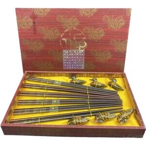 VTG Wooden Chopsticks & DUCK Chopstick Rest Holders in Box Set Of 6 NEW